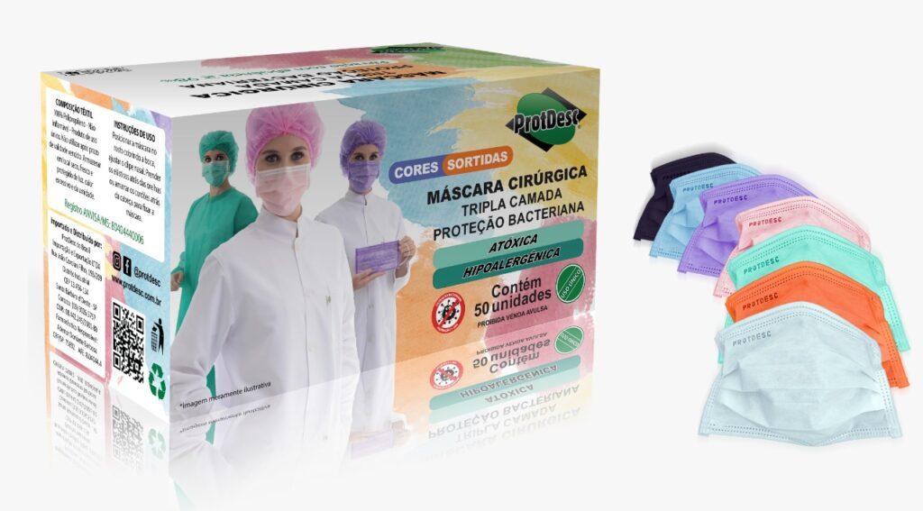 Máscara Descartável com elástico - cor Colors - Caixa com 50 unidades - PROTDESC