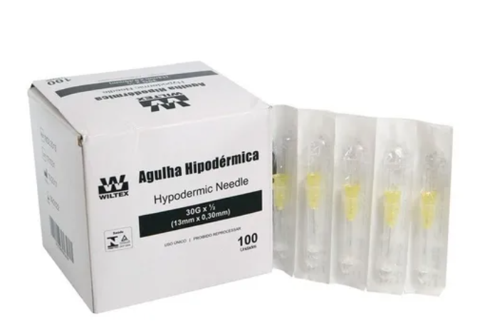 Agulha Hipodérmica 30X13 / 30G - Amarela - Caixa com 100 unidades - WILTEX