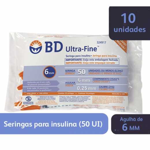 Seringa Descartável 50UI ULTRAFINE Com Agulha 6MM (31G) - Pack com 10 unidades - BD