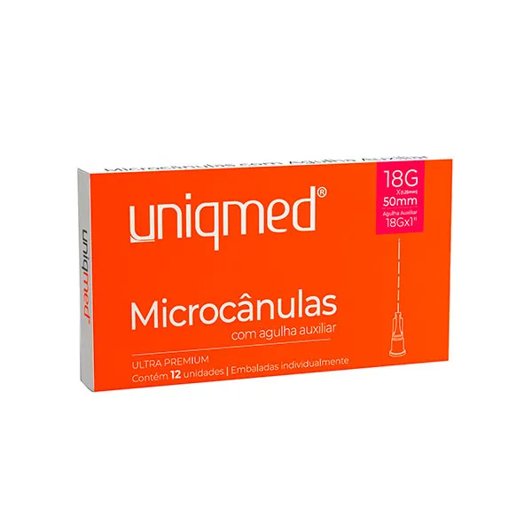 Microcânulas N°18G (1,25X70MM) com Agulha Auxiliar (18GX1) - Caixa com 12 unidades - UNIQMED - indicada para procedimentos estéticos