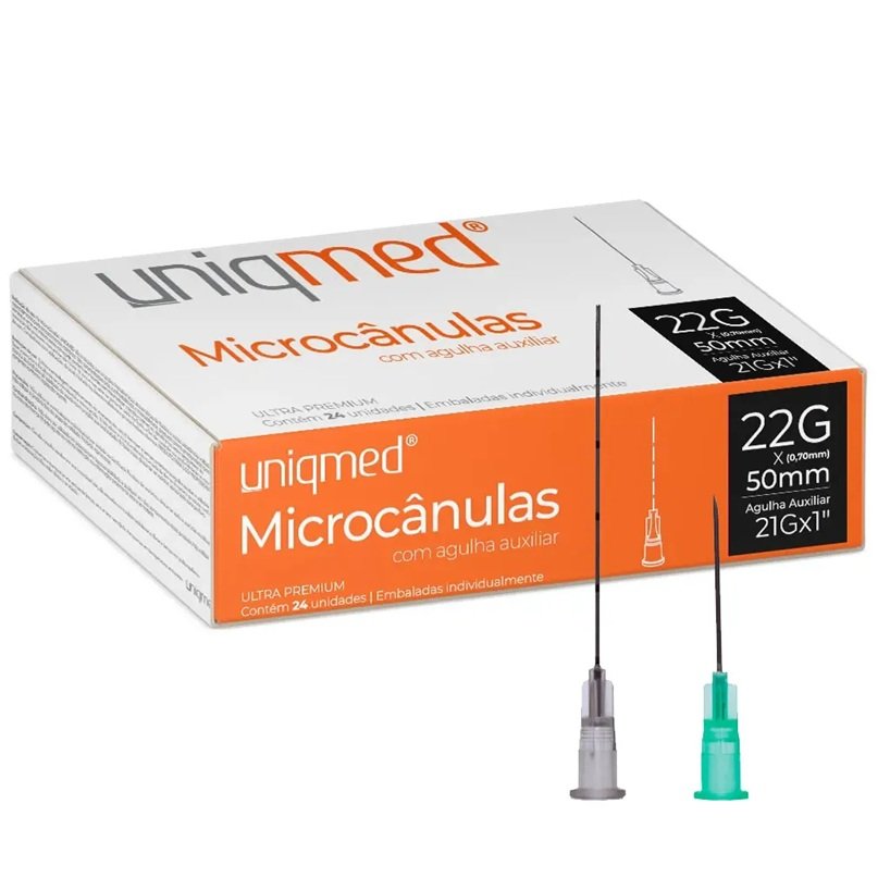Microcânulas 22G (0,70x50mm) com Agulha Auxiliar (21GX1) - marca Uniqmed