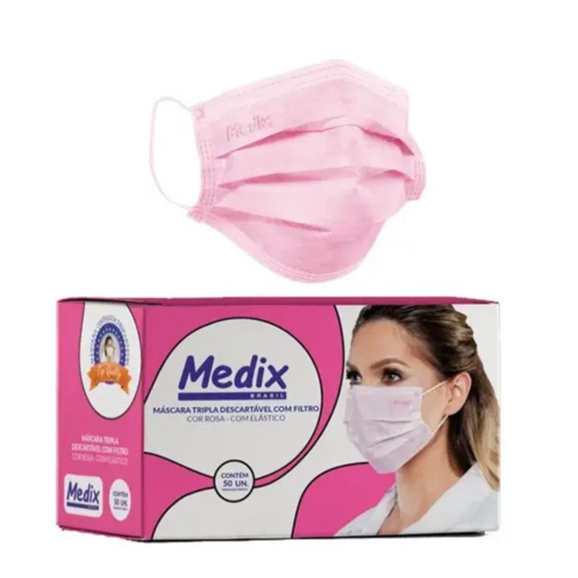 Máscara Descartável com Elástico Rosa - Caixa com 50 unidades - MEDIX