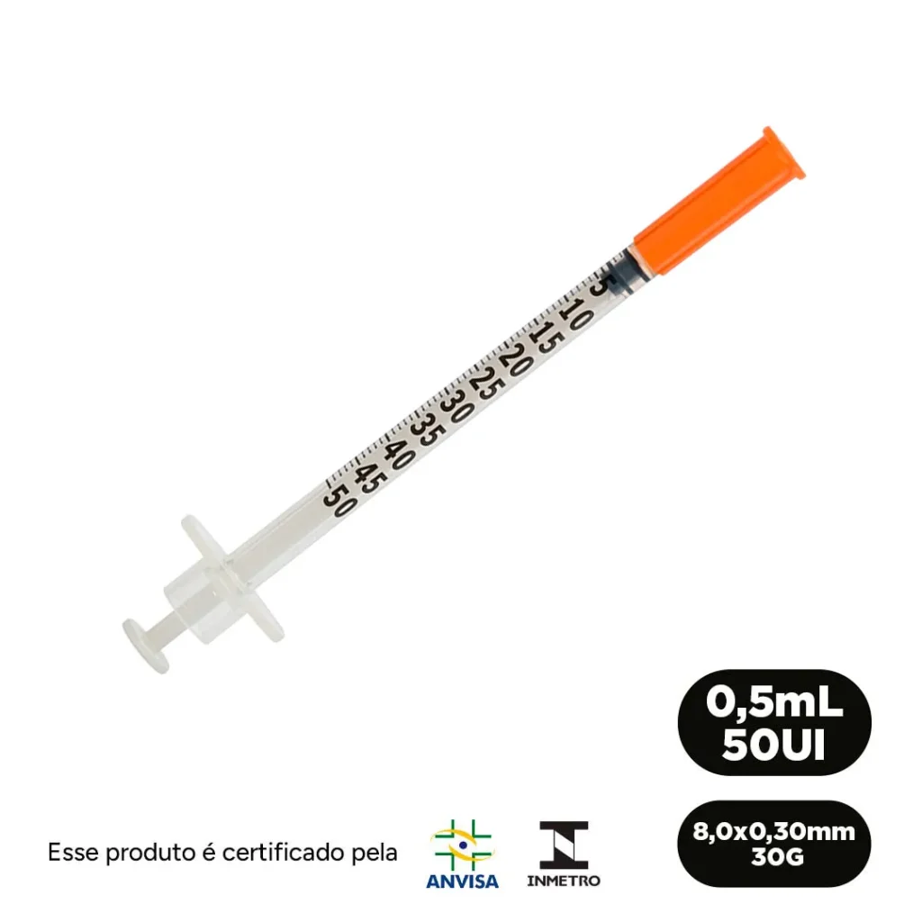 Seringa Descartável 0,5ml (50UI) com Agulha Fixa tamanho 8x0,30mm (30G) - Marca SR